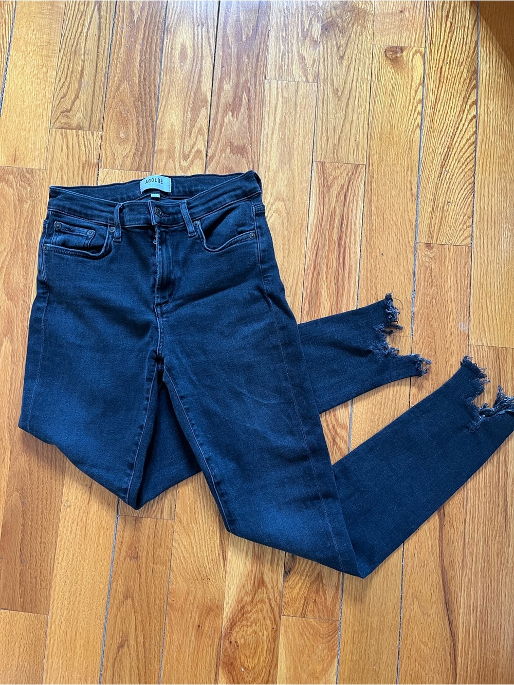 Agolde Dark Black High-Rise Skinny Jeans with Frayed Ankles